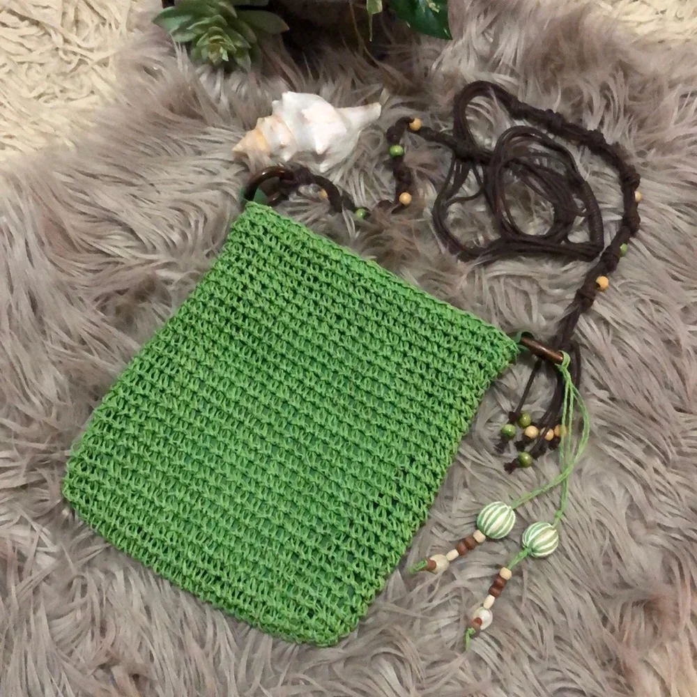 FREE WITH $25 PURCHASE Sun N Sand Woven Bag-Crossbody-Beaded Accents-Green/Brown